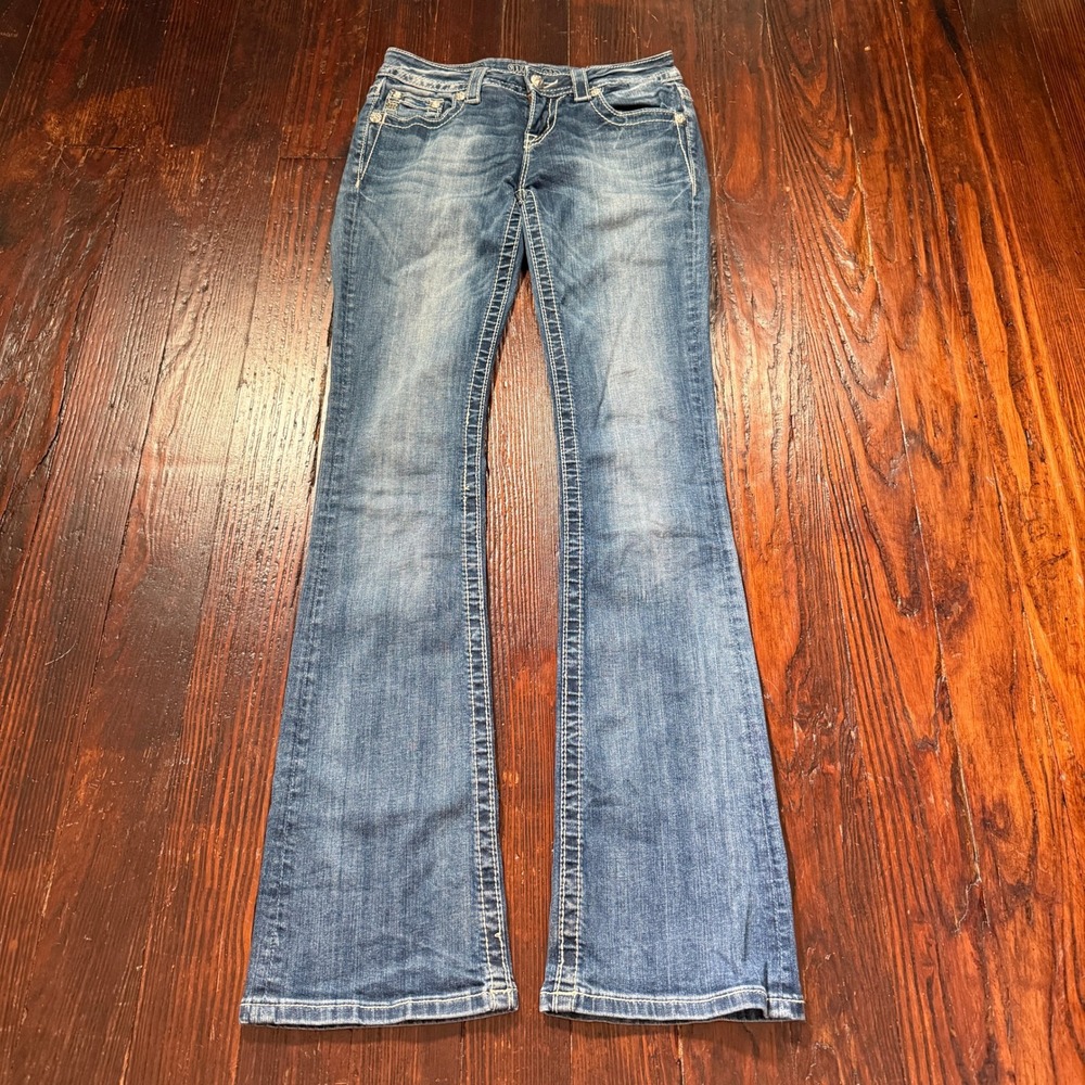 Miss Me Bootcut Jeans Women 26 Blue Flap Pockets Embellished Lace Mid Rise